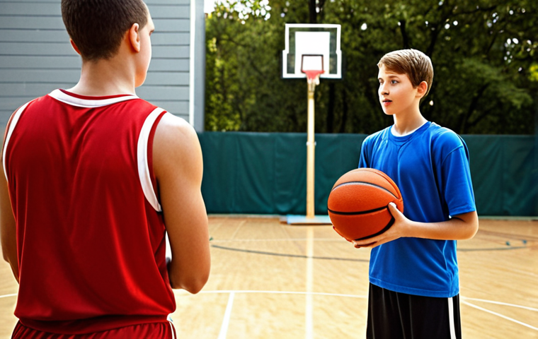 **
"A young basketball player receiving guidance from a mentor figure (coach). Focus on the coach offering advice and encouragement, with a basketball court in the background. Show a sense of trust and positive reinforcement."
**