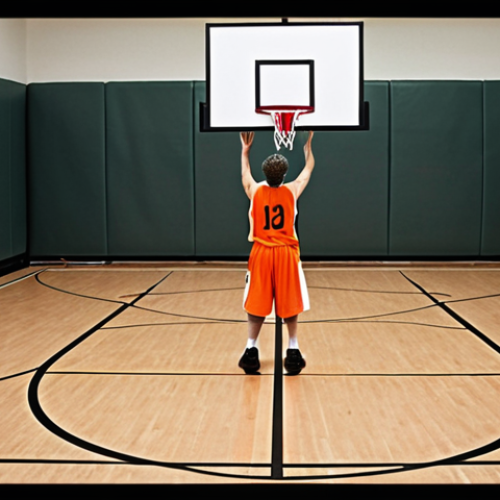 Home 6 ** A basketball player using a rebounder, focusing on hand-eye coordination and technique. The setting should be a modern indoor basketball court.
**