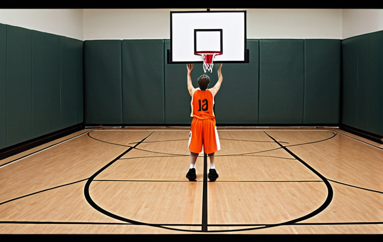 ** A basketball player using a rebounder, focusing on hand-eye coordination and technique. The setting should be a modern indoor basketball court.
**
