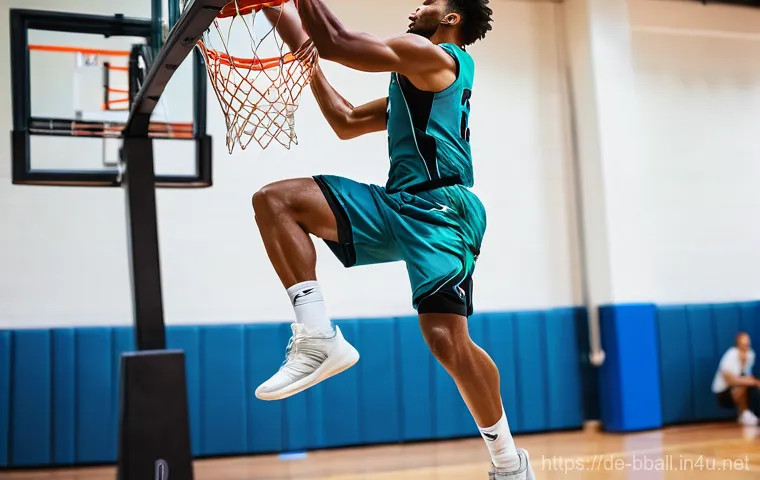 농구복 선택 가이드 - **High-Performance Action Shot:**
A dynamic, full-body shot of a male basketball player performi...