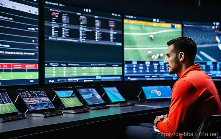 농구 전술 분석 툴 소개 - **Prompt:** A dynamic scene inside a modern basketball stadium's control room during a live game. A ...