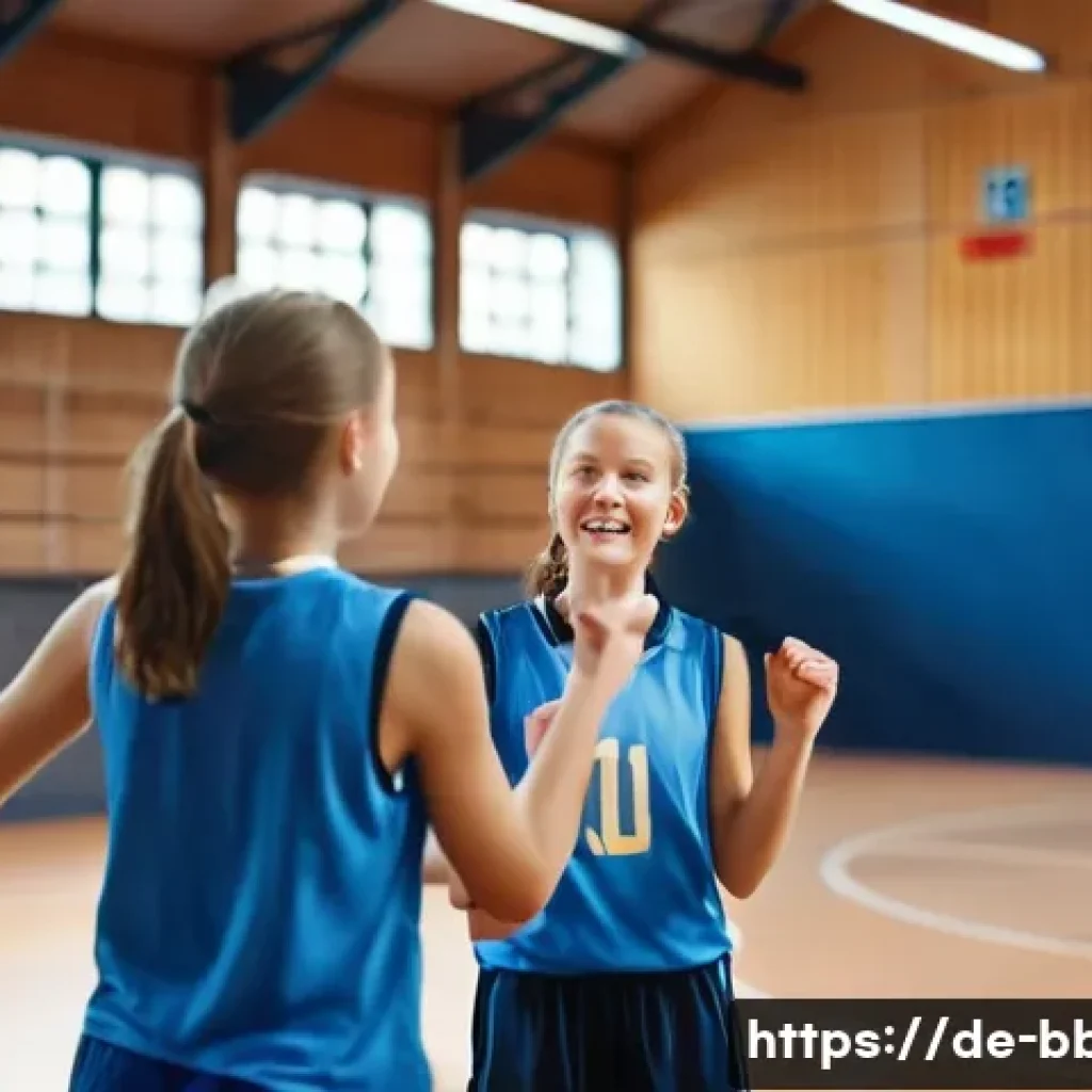 농구 코트에서 지켜야 할 매너 - **Prompt:** A vibrant, dynamic shot of a youth basketball team practicing indoors in a well-lit Germ...