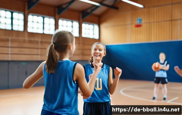 농구 코트에서 지켜야 할 매너 - **Prompt:** A vibrant, dynamic shot of a youth basketball team practicing indoors in a well-lit Germ...