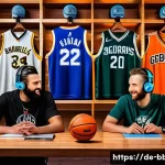 Home 22 농구 관련 팟캐스트 추천 - A cozy podcast studio scene featuring two enthusiastic German basketball fans recording an episode a...
