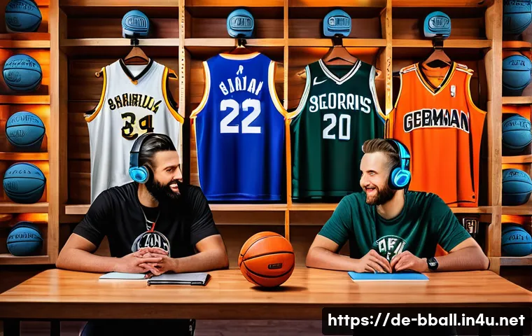 농구 관련 팟캐스트 추천 - A cozy podcast studio scene featuring two enthusiastic German basketball fans recording an episode a...