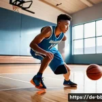Home 21 농구 핸들링 훈련 방법 - A young male basketball player in a modern indoor gym, wearing a full basketball uniform including a...