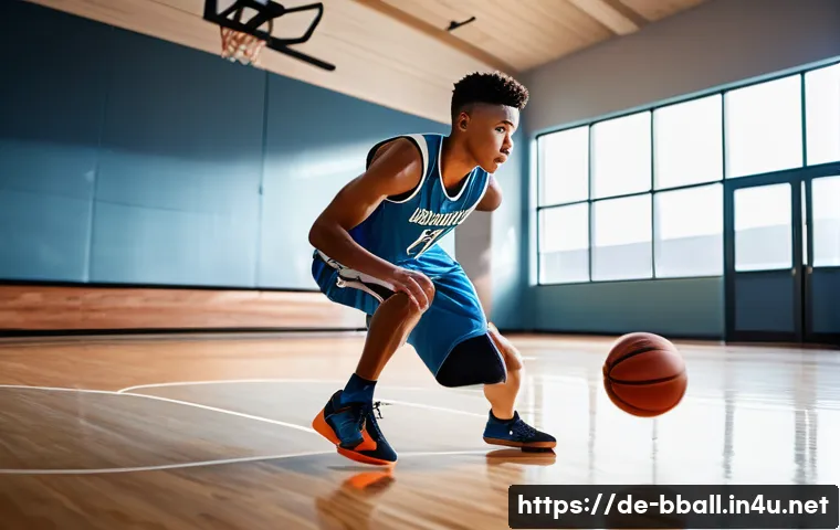 농구 핸들링 훈련 방법 - A young male basketball player in a modern indoor gym, wearing a full basketball uniform including a...