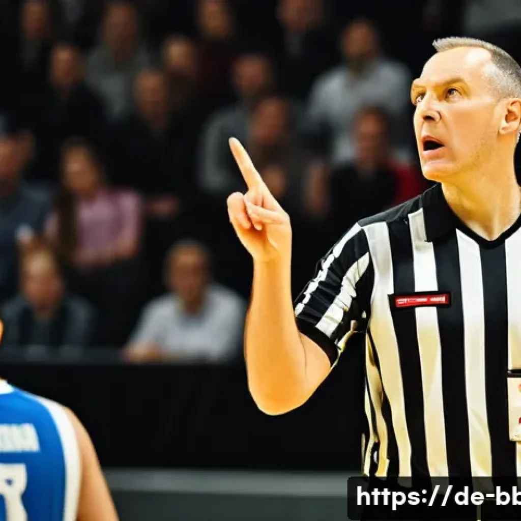 농구 심판이 보는 경기 룰 - A dynamic basketball referee in mid-action on a professional indoor court in Germany, wearing a mode...