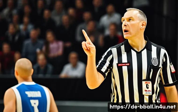 농구 심판이 보는 경기 룰 - A dynamic basketball referee in mid-action on a professional indoor court in Germany, wearing a mode...