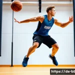 Home 19 농구 체력 훈련 방법 - A dynamic scene of a young German basketball player in mid-air performing an explosive plyometric bo...