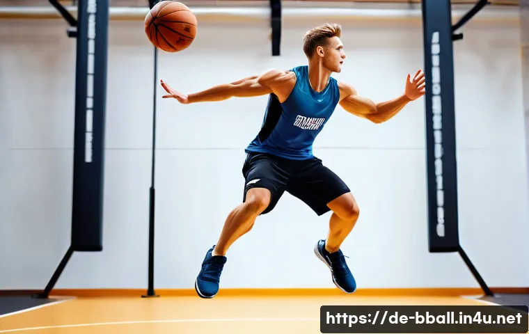 농구 체력 훈련 방법 - A dynamic scene of a young German basketball player in mid-air performing an explosive plyometric bo...