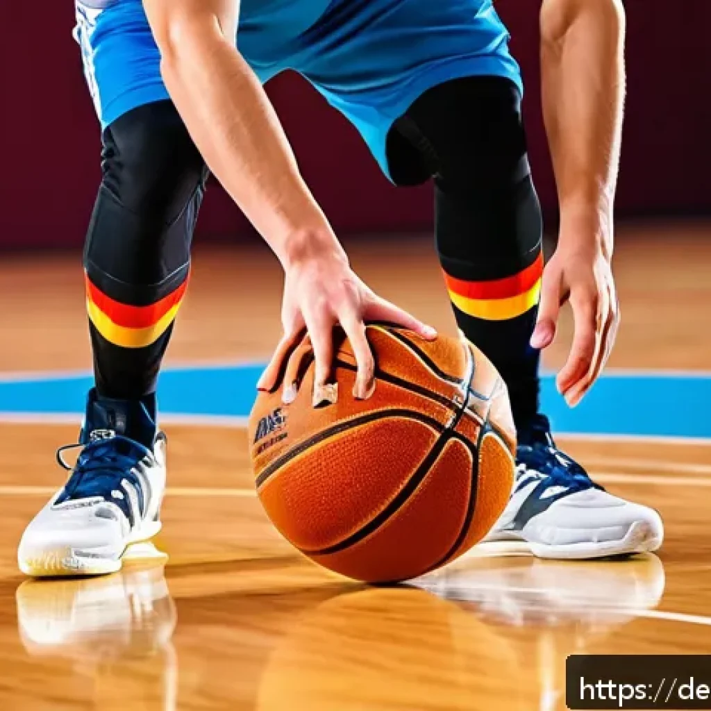 농구 기술 교본 추천 - A dynamic basketball training scene on an indoor court in Germany, featuring a young adult male play...