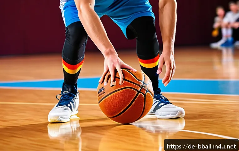 농구 기술 교본 추천 - A dynamic basketball training scene on an indoor court in Germany, featuring a young adult male play...