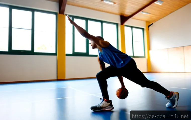Home 13 농구 스트레칭 루틴 - Photorealistic wide shot of a German amateur basketball player in modest athletic clothing performin...